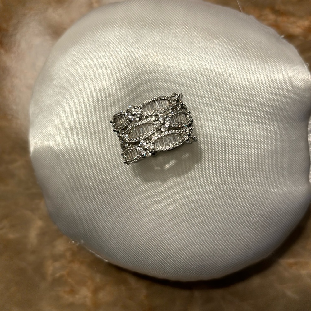 Sterling silver, round and baquette faux diamond band ring